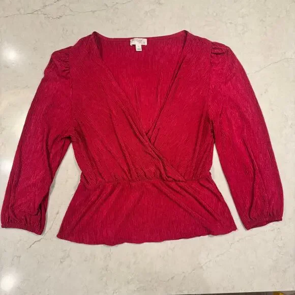 Morgan Taylor Sangria Red Pink Textured Blouse Women's Large Retro Peplum 80s - Picture 3 of 15